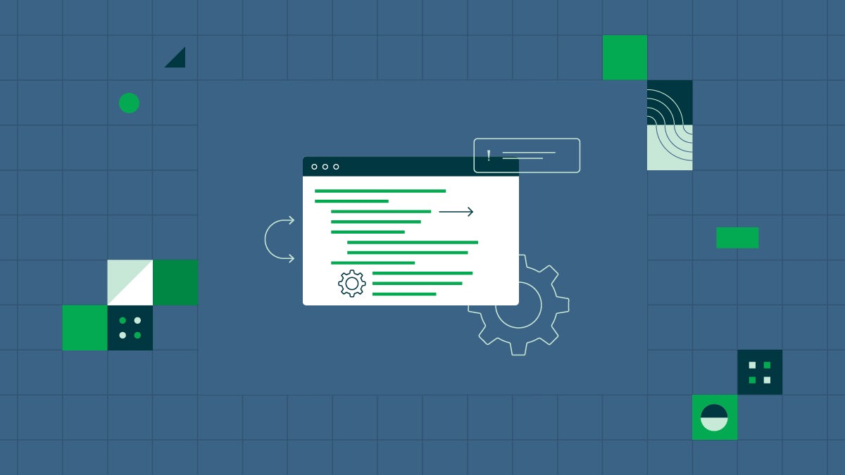 A computer screen overlaid on a grid background shows an abstract configuration file containing a gear icon.